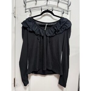 Anthropologie Black Ruffle Neck Long Sleeve Top Women's‎ S Cotton Feminine Chic